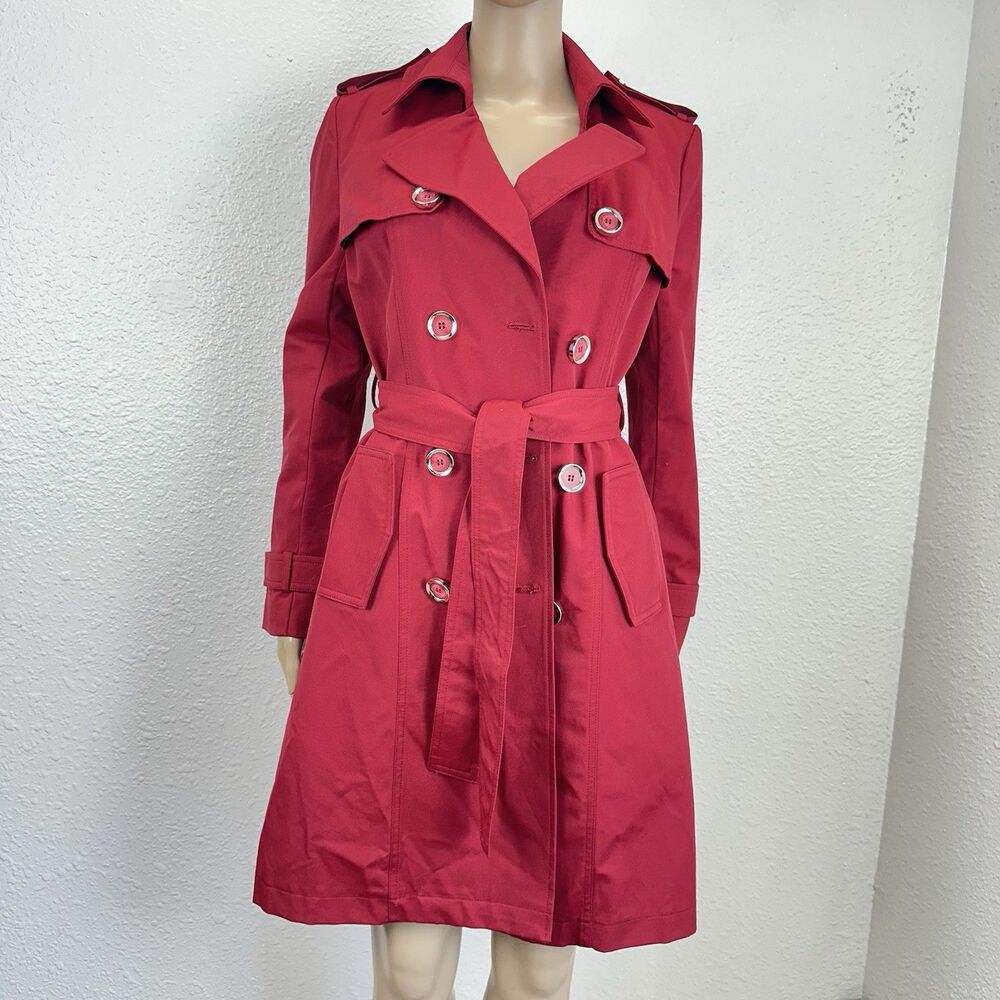 New York & Company Red Belted Long Trench Coat Jacket Sz S  Holiday Capsule